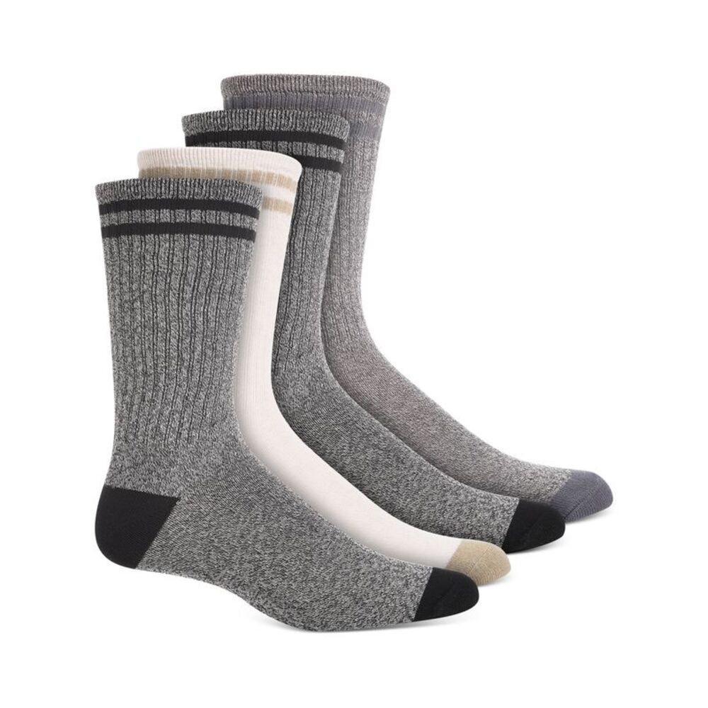 SUN STONE Mens 4 Pack Tan Black Double Stripe Ribbed Crew Socks 7-12